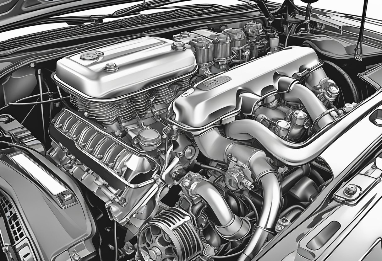 A car's engine with visible timing cover, leaking oil, and loose or broken bolts.

Smoke or burning smell may be present