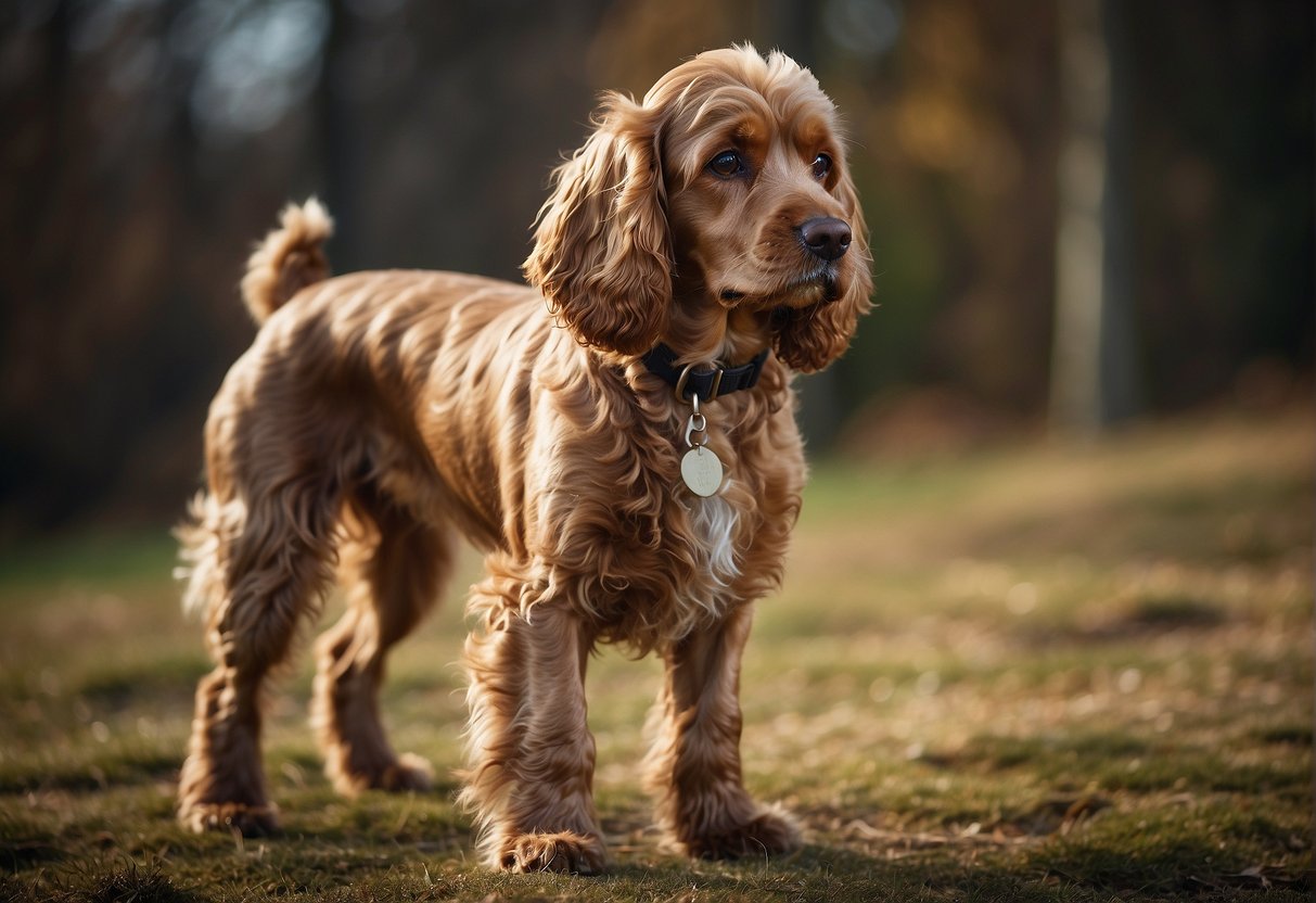 A cocker spaniel mixed with a poodle, standing at a height of 15-17 inches, with a wavy coat and long ears