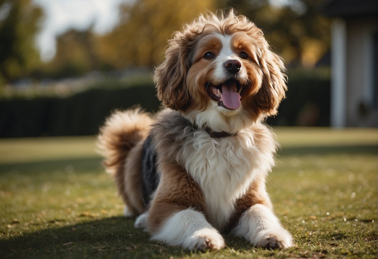 A medium-sized, curly-haired dog with a friendly expression, standing confidently with a wagging tail