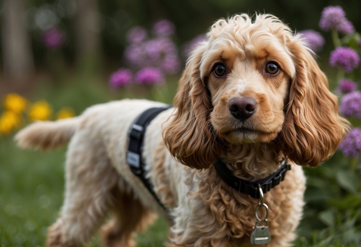 A cocker spaniel-poodle mix measures about 15 inches tall. It has a wavy, medium-length coat and floppy ears. It is engaging in various educational and playful activities