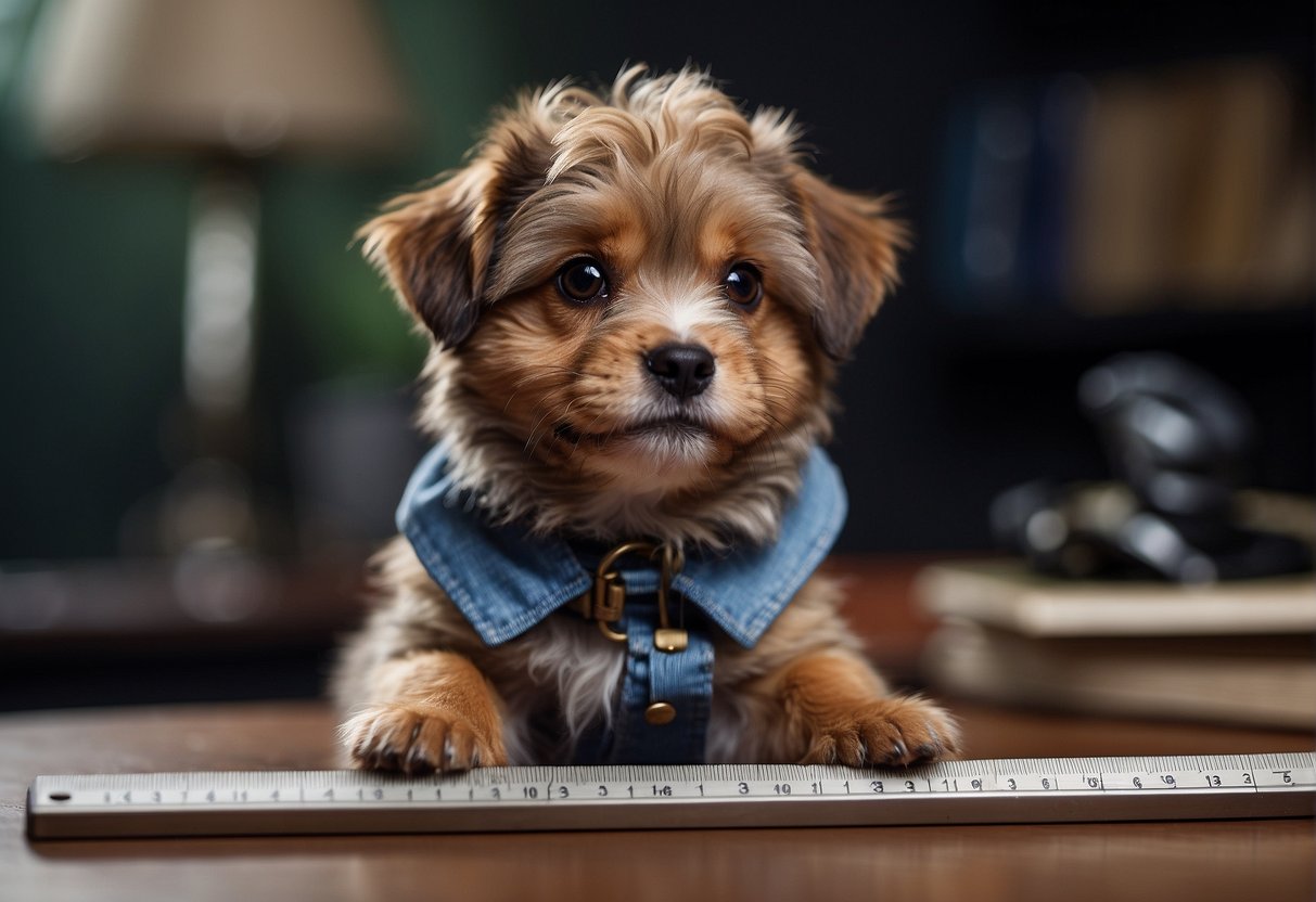 A small, curly-haired dog stands next to a ruler, with a puzzled expression on its face