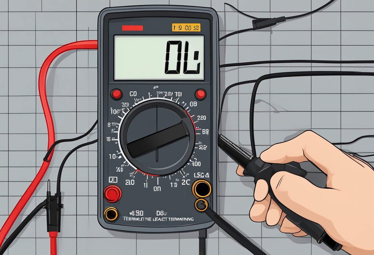 A multimeter is set to measure DC voltage.

The red probe is connected to the positive terminal and the black probe to the negative terminal of the car battery.

The multimeter displays the voltage reading