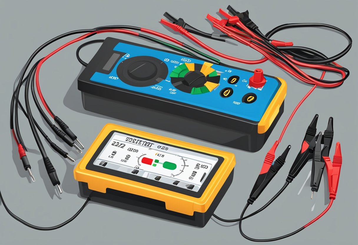 A multimeter is connected to a car battery, displaying the voltage reading.

Alligator clips are attached to the battery terminals