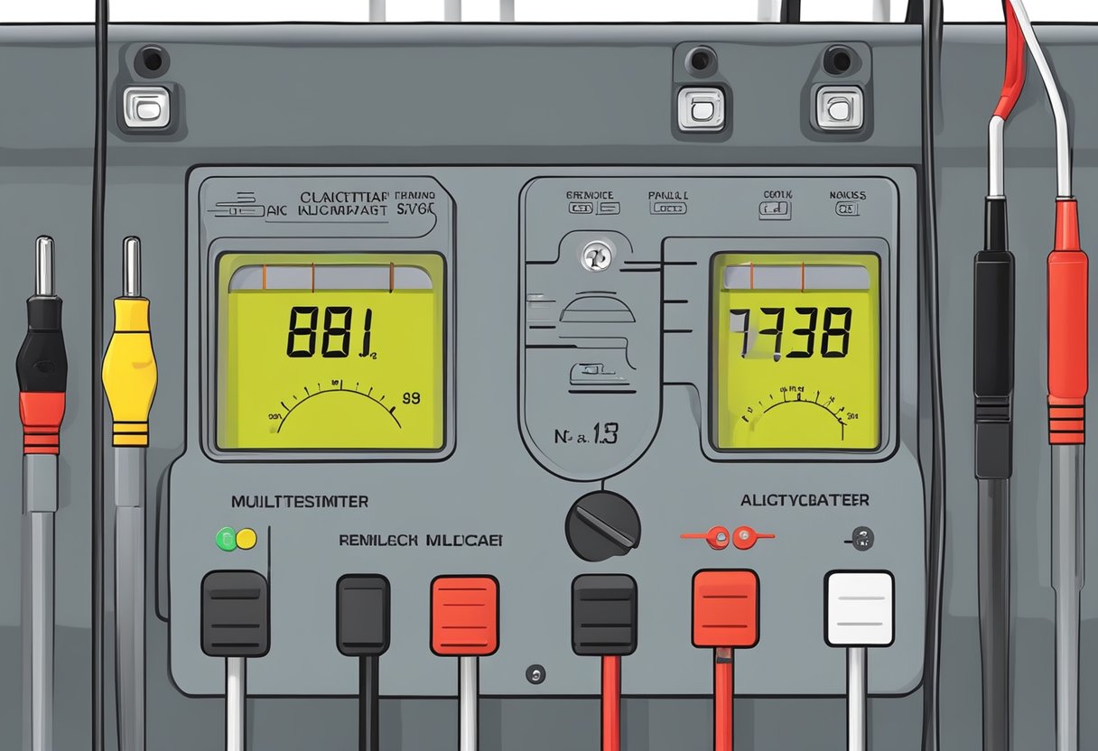 A multimeter connected to a car battery, displaying voltage readings.

Alligator clips attached securely. Clear labels on the multimeter and battery terminals
