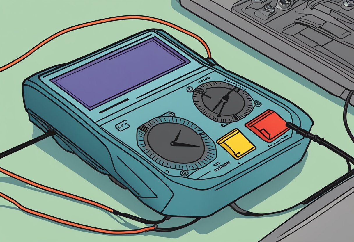 A multimeter is connected to a car battery.

The display shows a voltage reading. The positive and negative terminals are clearly visible