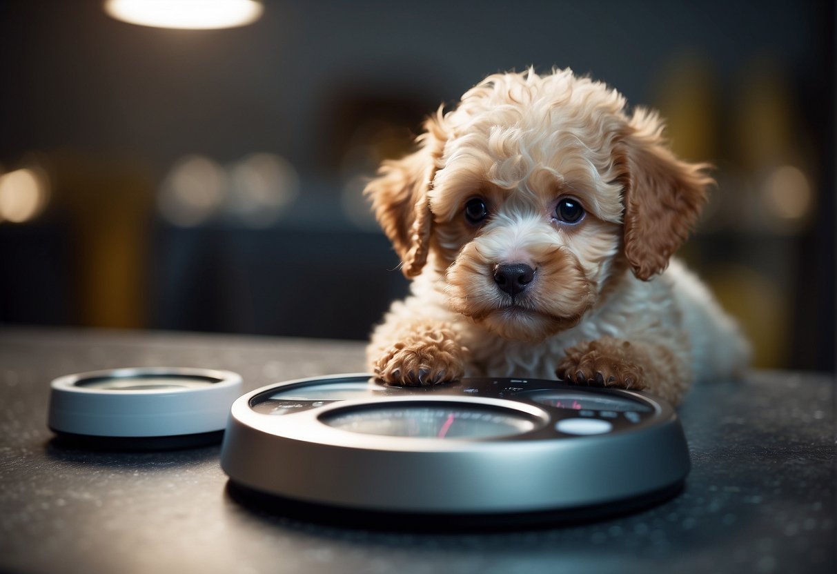 A 2-week-old poodle puppy weighing 400g, looking up at a scale