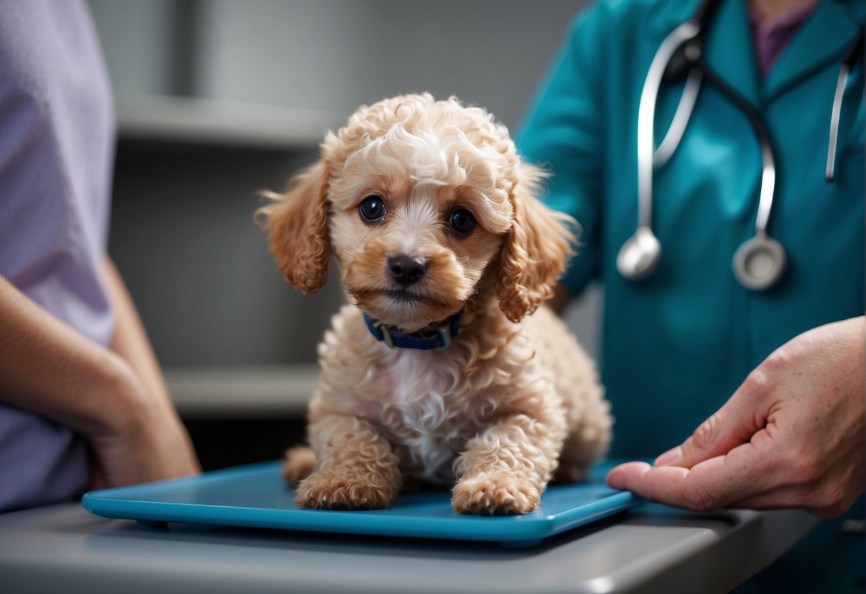 A small 2-week-old poodle weighing 400g is being held and examined by a veterinarian for practical advice