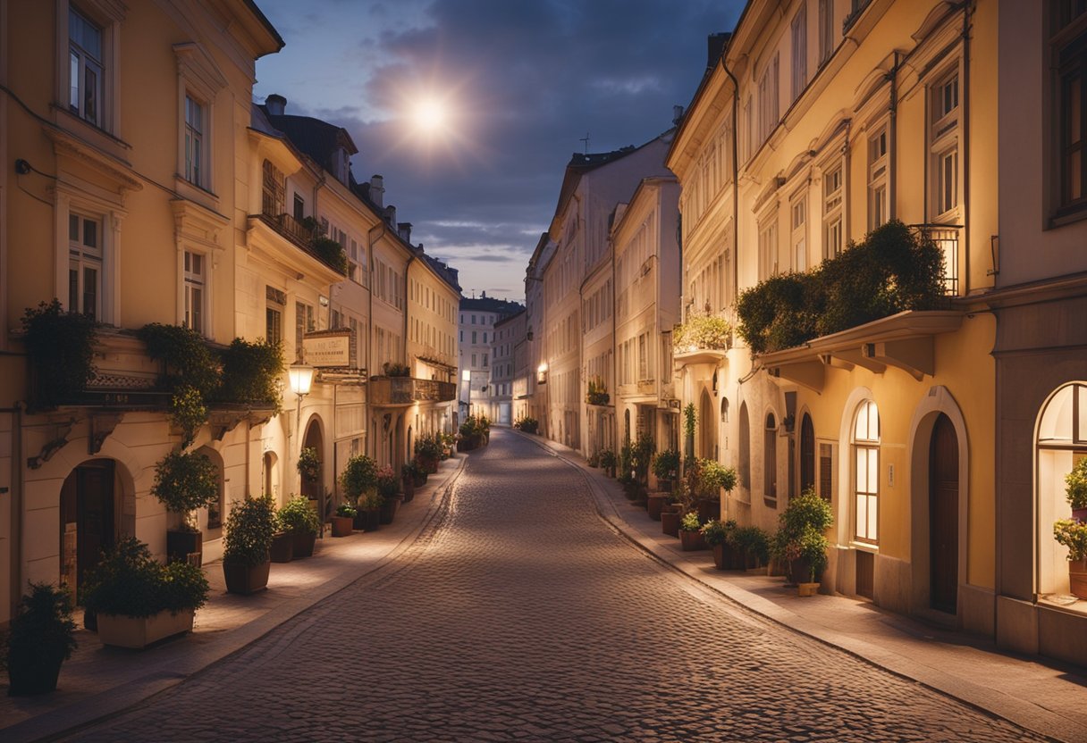 The sun rises over Vienna, casting a warm glow on the historic buildings. A winding cobblestone street leads to a bustling market, while in Greece, the moonlight illuminates a picturesque seaside village