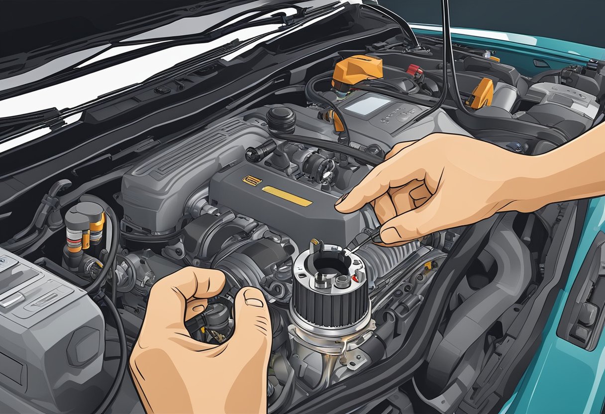 A car engine with a visible knock sensor, surrounded by diagnostic tools and a technician's hand holding a multimeter