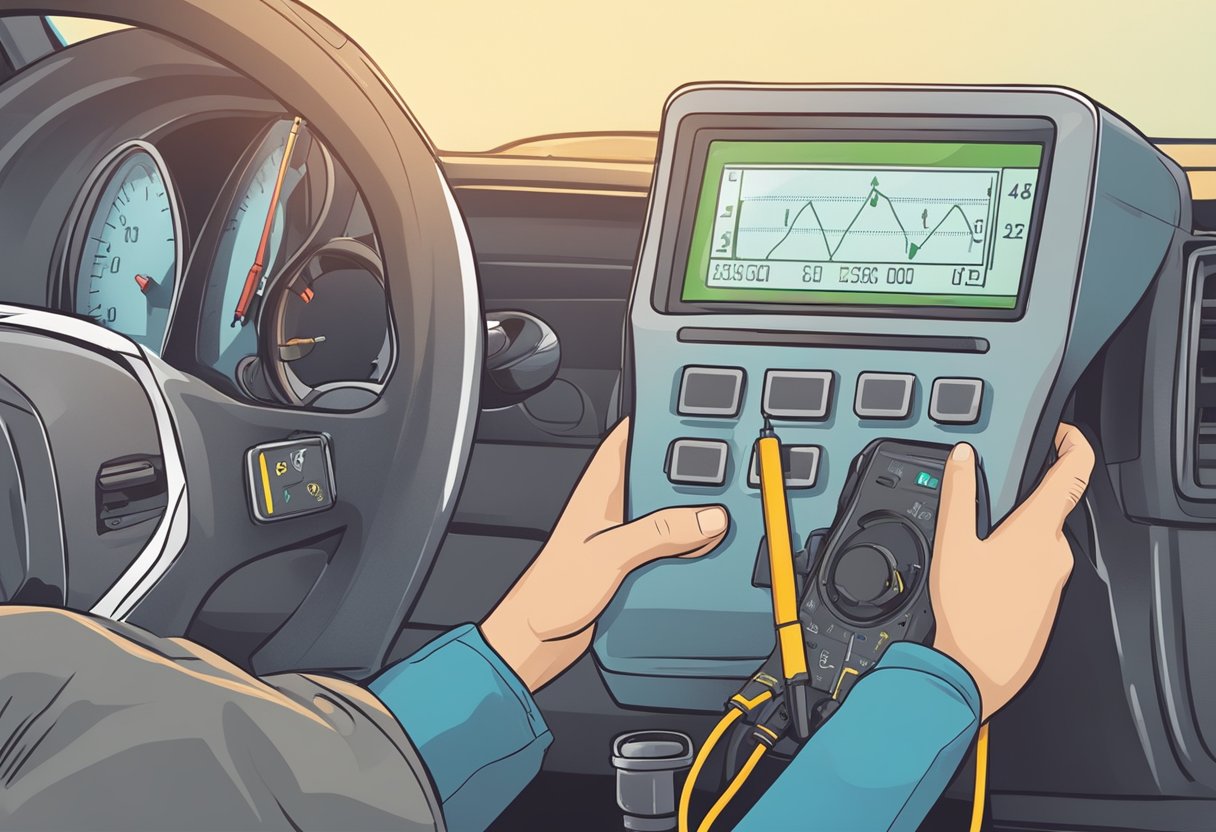 A hand holding a knock sensor, a multimeter connected to it, and a diagnostic tool displaying "Knock Sensor Failure" on a car dashboard