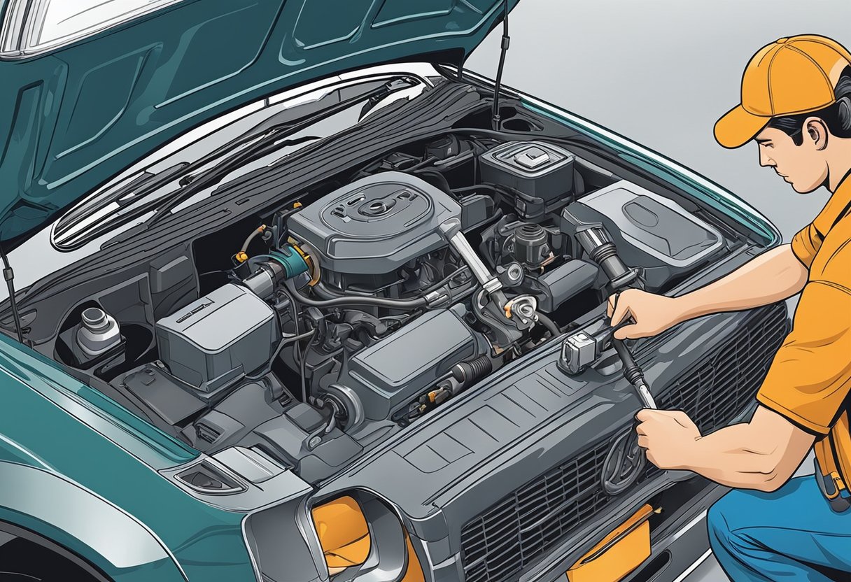 A mechanic disconnects a faulty knock sensor from the engine and replaces it with a new one, using a wrench and following the step-by-step instructions from a guide