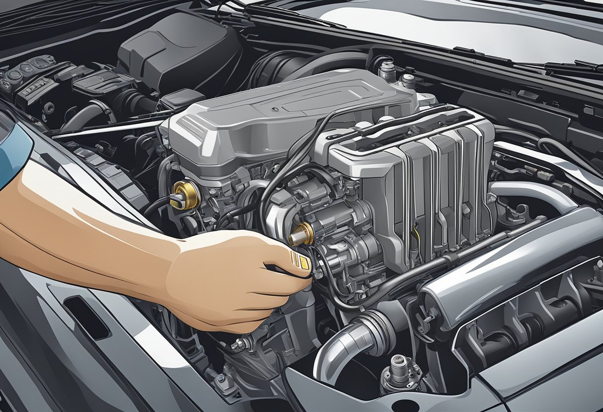 A car engine with visible knock sensor, diagnostic tool, and mechanic's hand testing