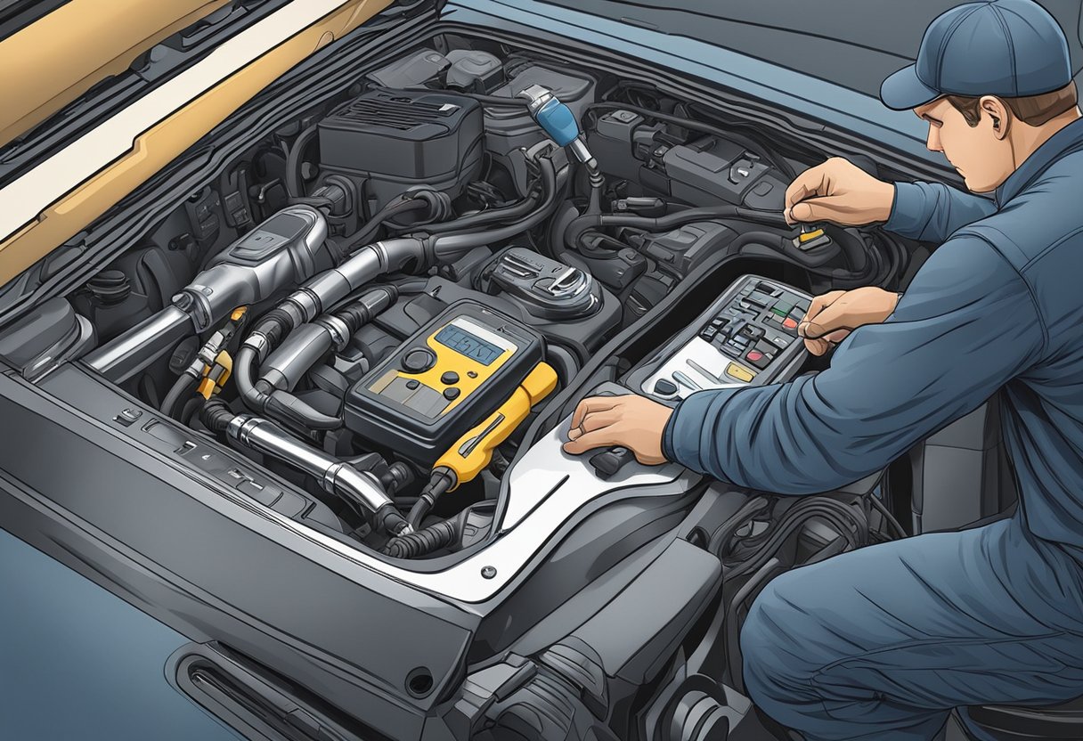 A mechanic connects diagnostic tool to car's EVAP system.

Tool reads P0452 code for low pressure sensor input. Mechanic begins troubleshooting process