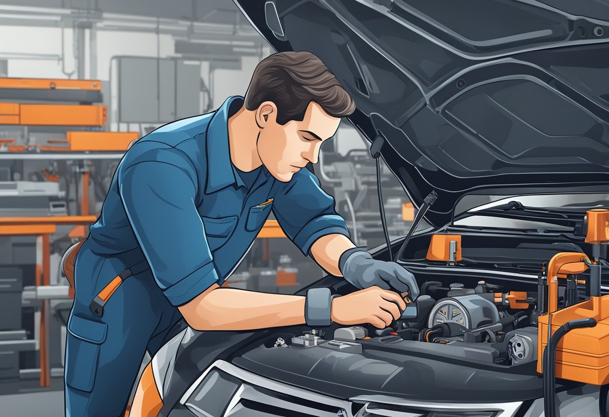 A mechanic examines a vehicle's EVAP system, checking the pressure sensor for low input.

Tools and diagnostic equipment are laid out on a workbench