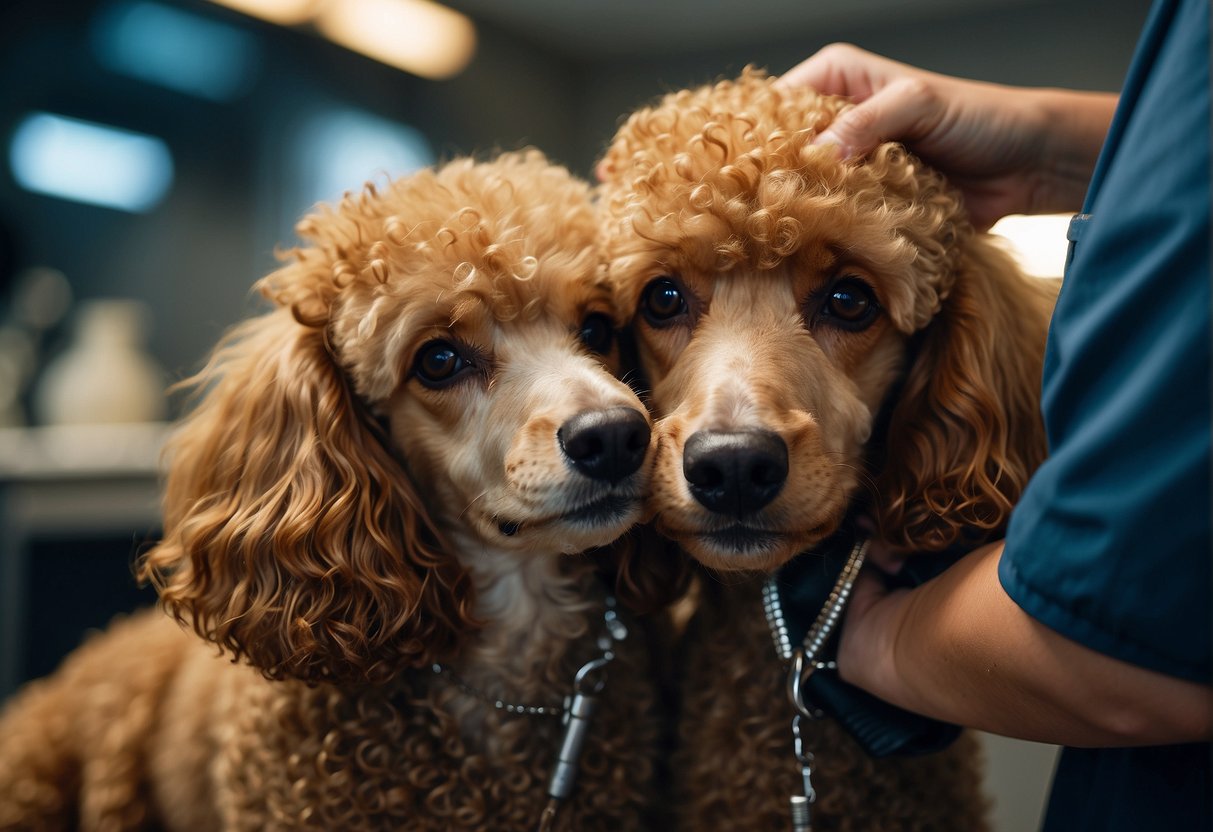 A poodle getting its ear hair plucked in a sanitary and controlled manner