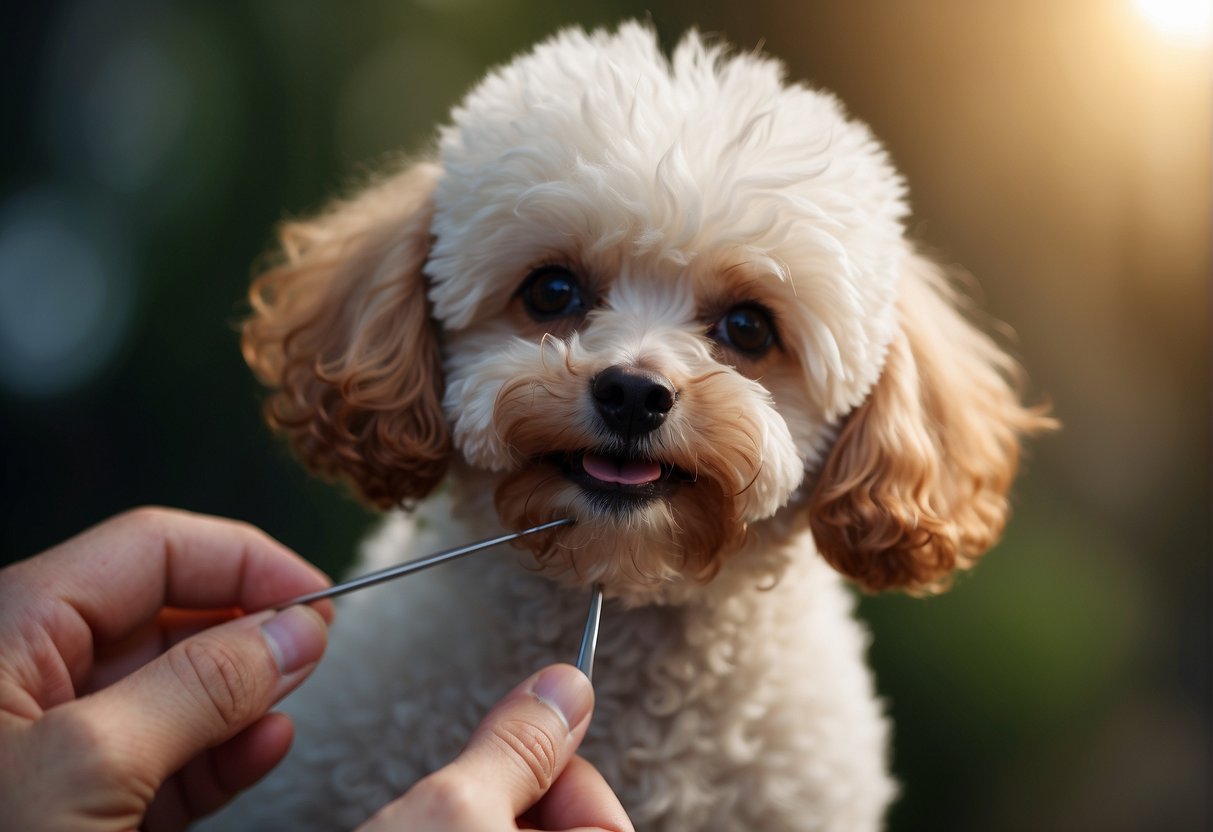 A pair of small poodle ears with tufts of hair being gently pulled out with tweezers