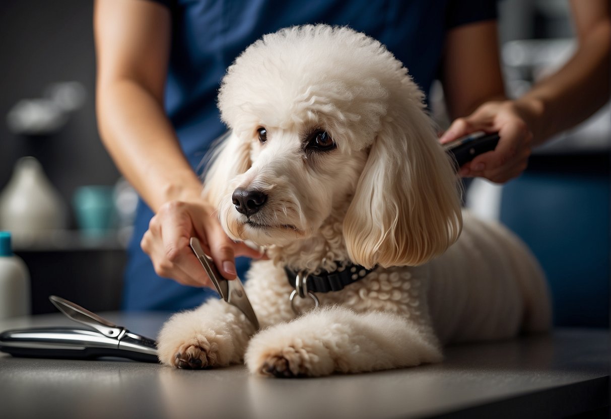 A groomer carefully trims a poodle's fur with precision, using scissors and a comb to create a neat and stylish cut