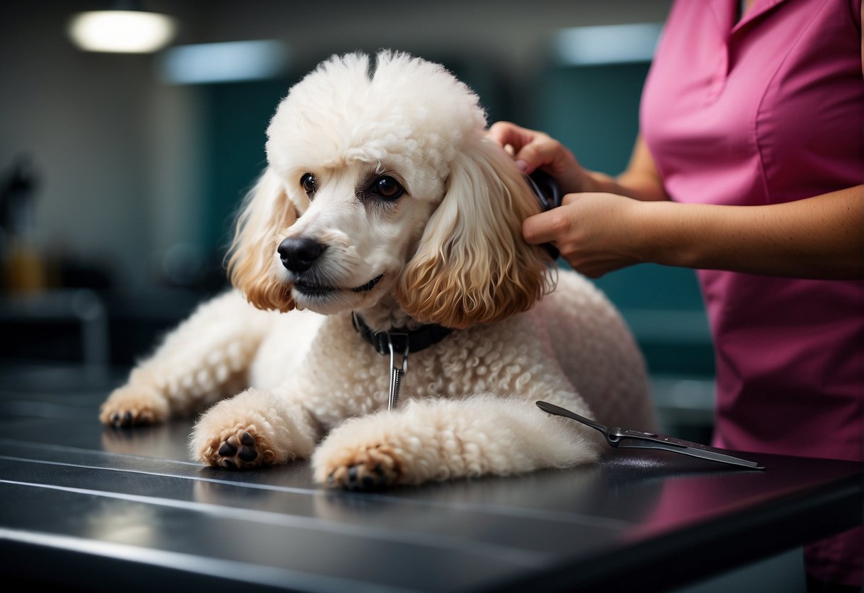A poodle being groomed, with scissors trimming its fur on a grooming table