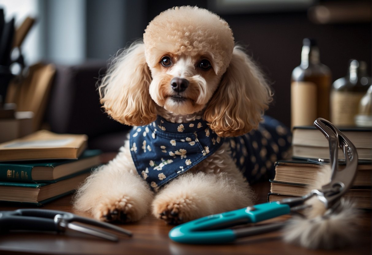 A poodle being groomed with scissors, surrounded by a stack of grooming tools and a book titled "Frequently Asked Questions on Poodle Grooming."
