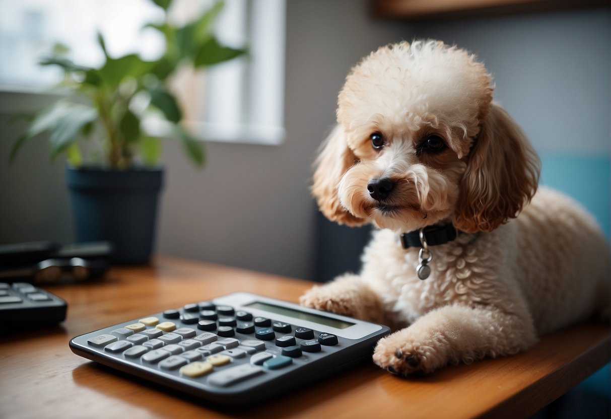 A small, fluffy poodle sits on a scale, while a person uses a calculator to determine its age