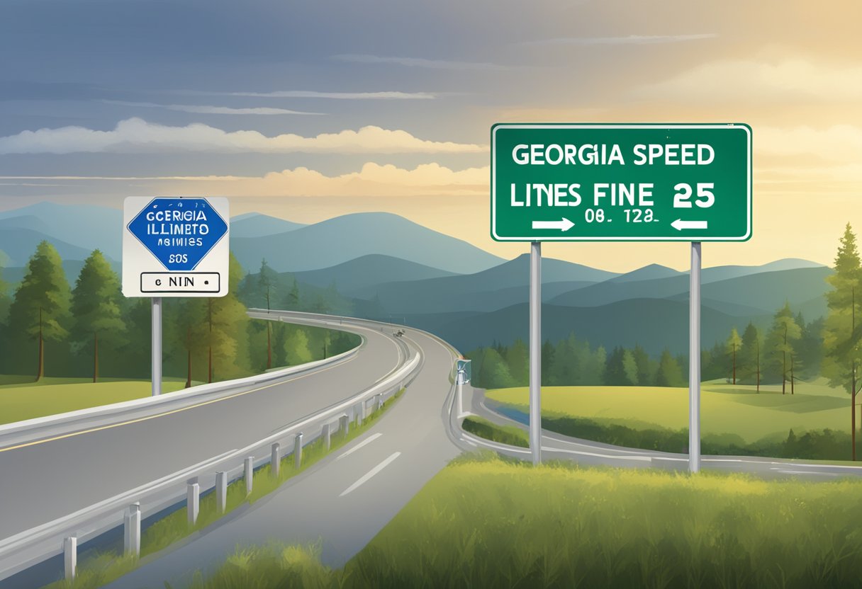 A road sign displaying "Georgia Speed Limits, Laws, and Fines" with clear and concise text, surrounded by a well-maintained highway and surrounding landscape