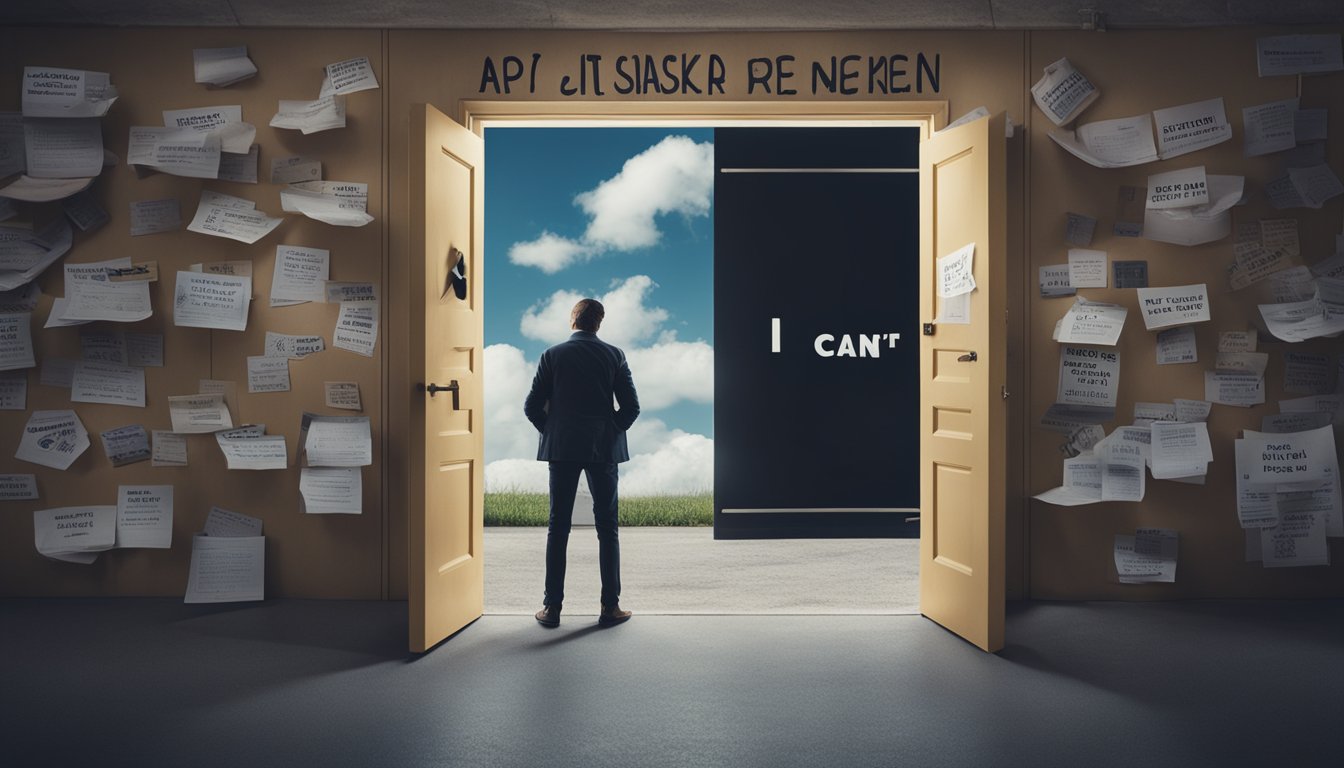 A person staring at a closed door with a sign that reads "I can't do it" while surrounded by discarded projects and a cloud of negative thoughts