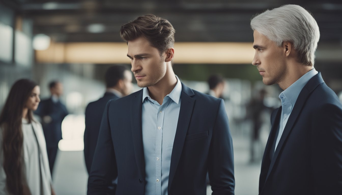 Two people standing face to face, one with closed body language and a frown, while the other looks frustrated and defensive