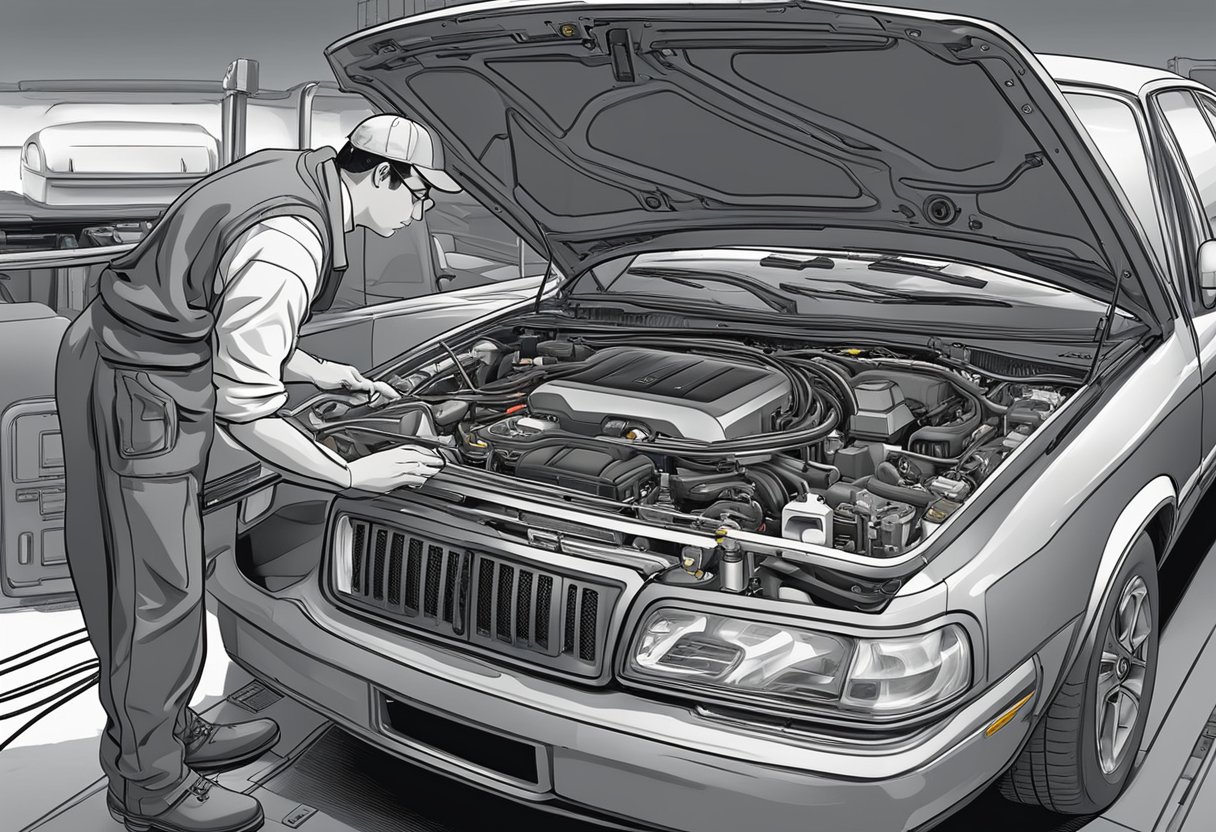 A mechanic examines a car's EGR system with diagnostic tools, a computer, and a wiring diagram to troubleshoot and fix the P0404 code