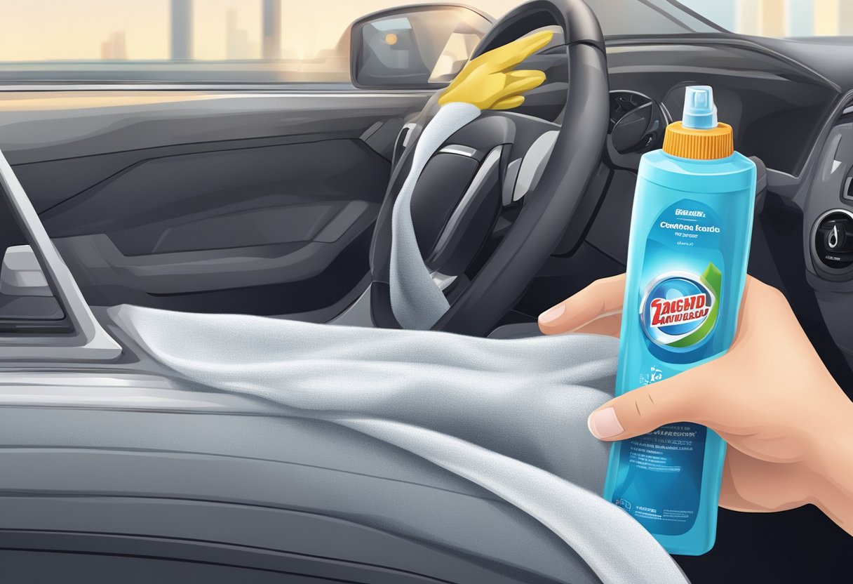 A hand reaches for a bottle of dashboard cleaner.

A microfiber cloth lies nearby. Sticky residue is visible on the dashboard surface