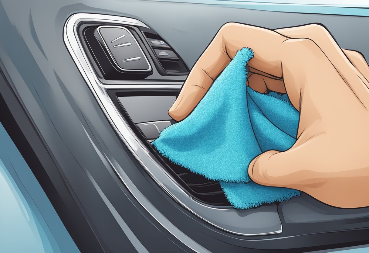 A hand reaches for a microfiber cloth and applies dashboard cleaner.

The sticky surface is scrubbed vigorously until it shines like new