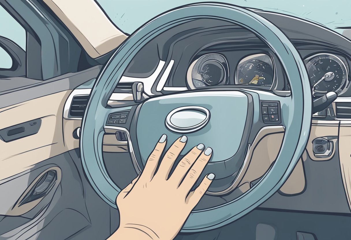 A hand reaches for a dashboard covered in sticky residue.

Cleaning supplies and a step-by-step guide titled "How to Clean a Sticky Dashboard" are nearby