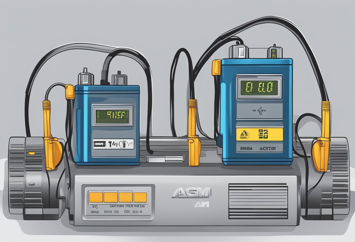 Two car batteries side by side, one labeled "AGM" and the other "Standard." Both connected to a multimeter for testing