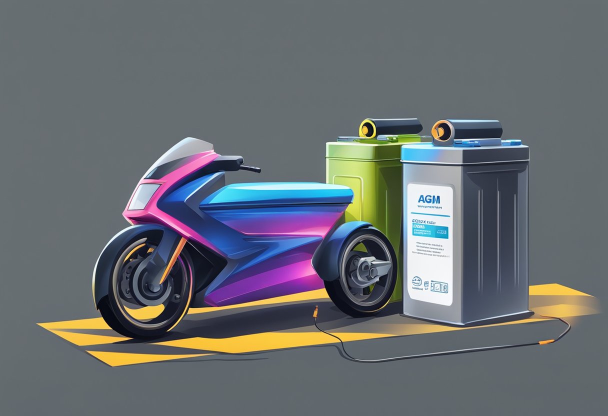 Two batteries, AGM and standard, sit side by side.

A car is on one side, a motorcycle on the other. The AGM battery shines brightly, while the standard battery appears dull