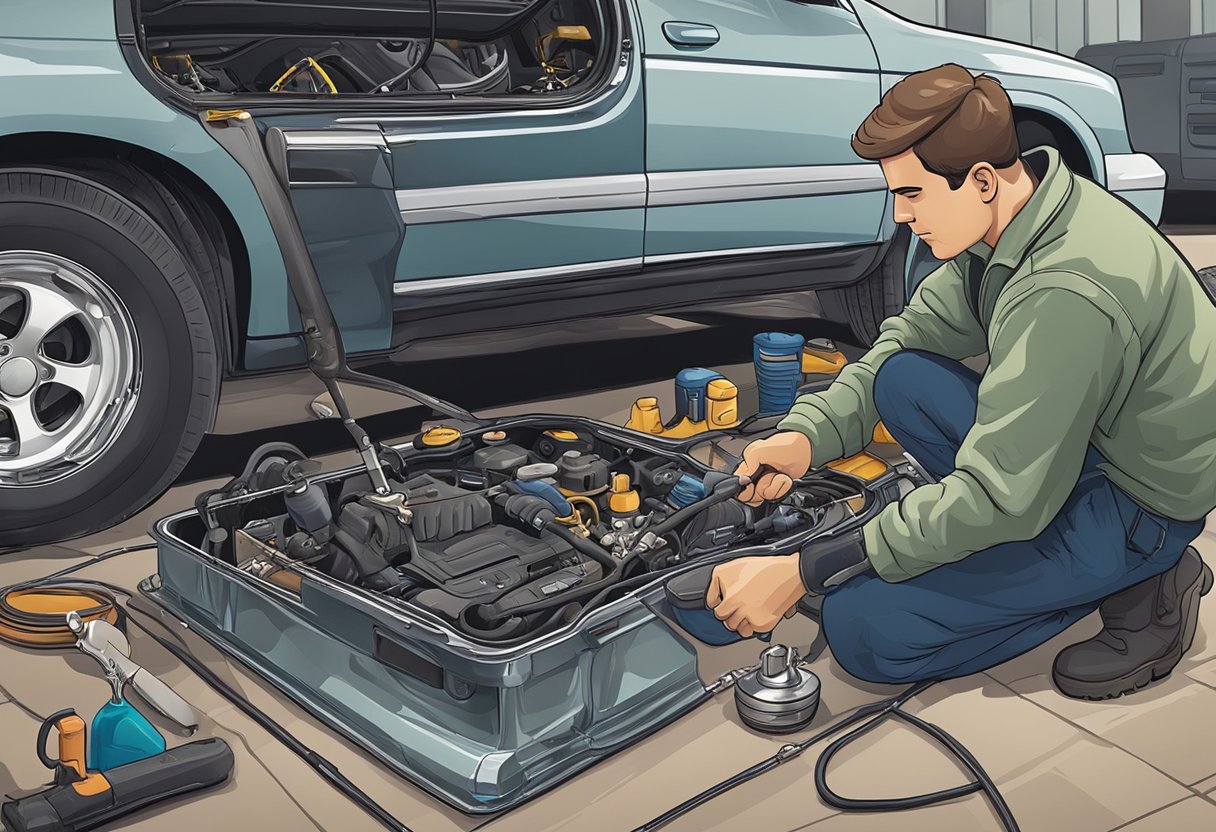 A mechanic replacing an oxygen sensor under a car with tools scattered around