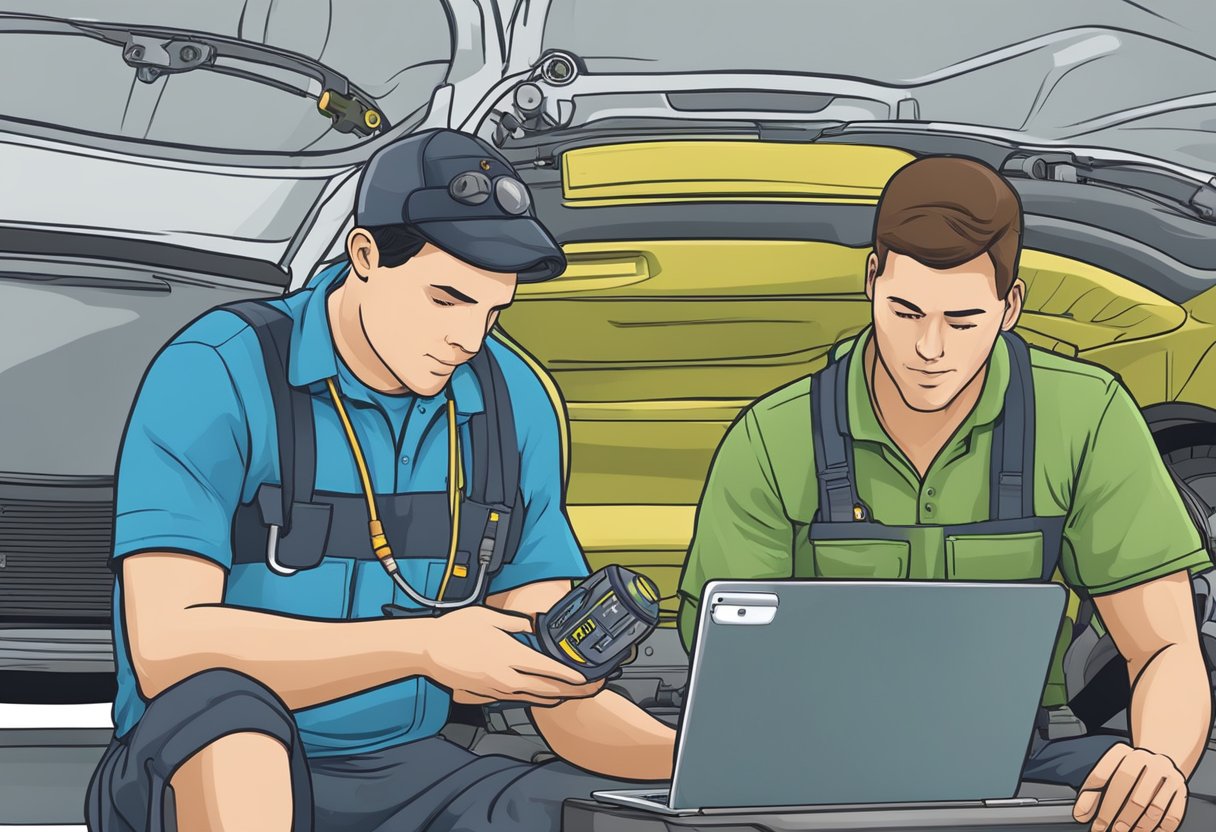 A mechanic holding a diagnostic tool, examining a car's oxygen sensor.

A laptop displays "P0140 Code: Oxygen Sensor No Activity Detected - Fixes" on the screen