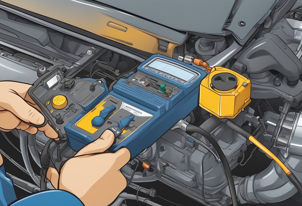 A mechanic holds a multimeter near the vehicle's exhaust system, checking the Bank 1 Sensor 2 oxygen sensor.

Wires are being inspected for damage and corrosion