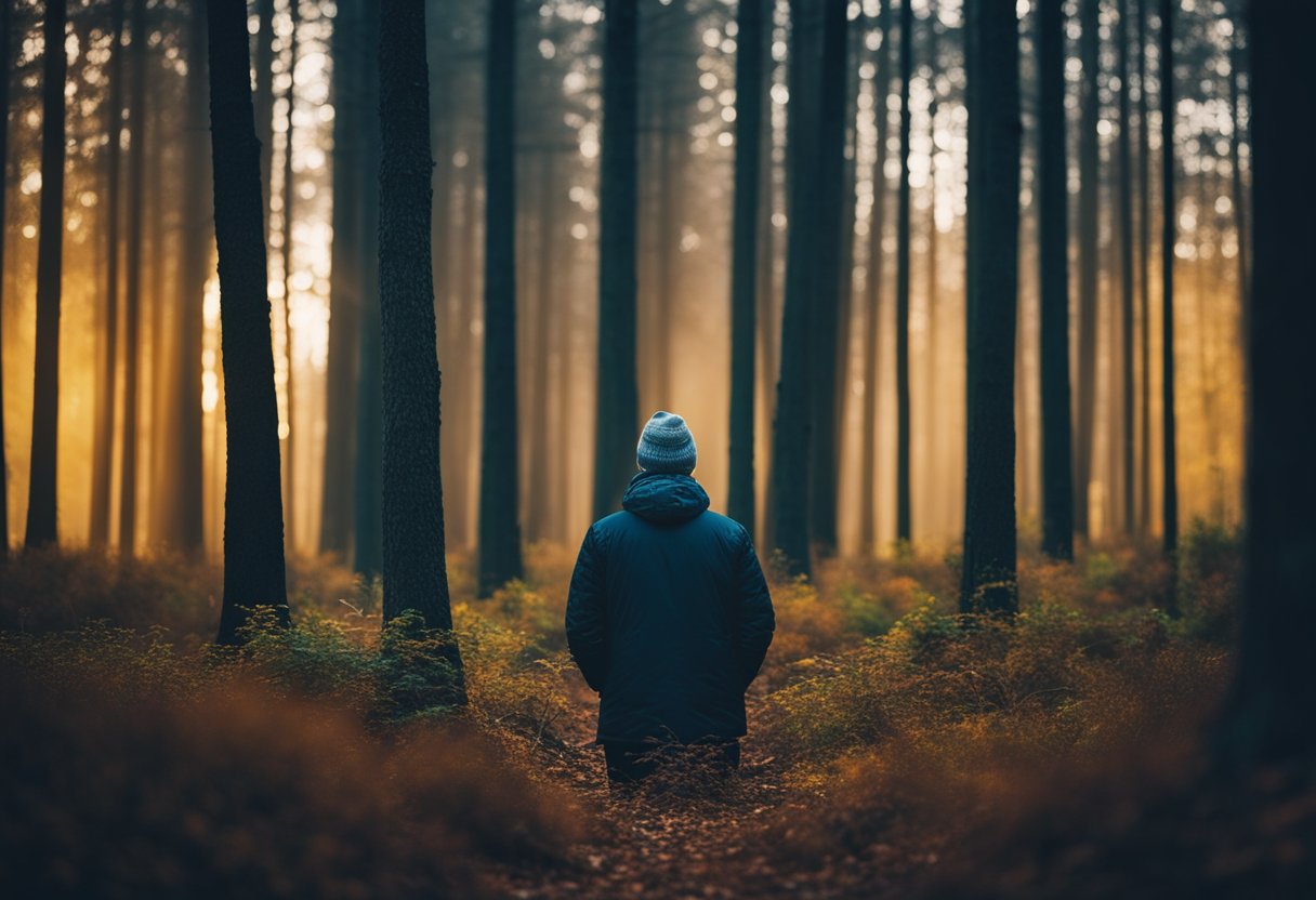 A solitary figure stands in a forest, surrounded by a mix of dark and vibrant colors, reflecting the complex emotions of grief