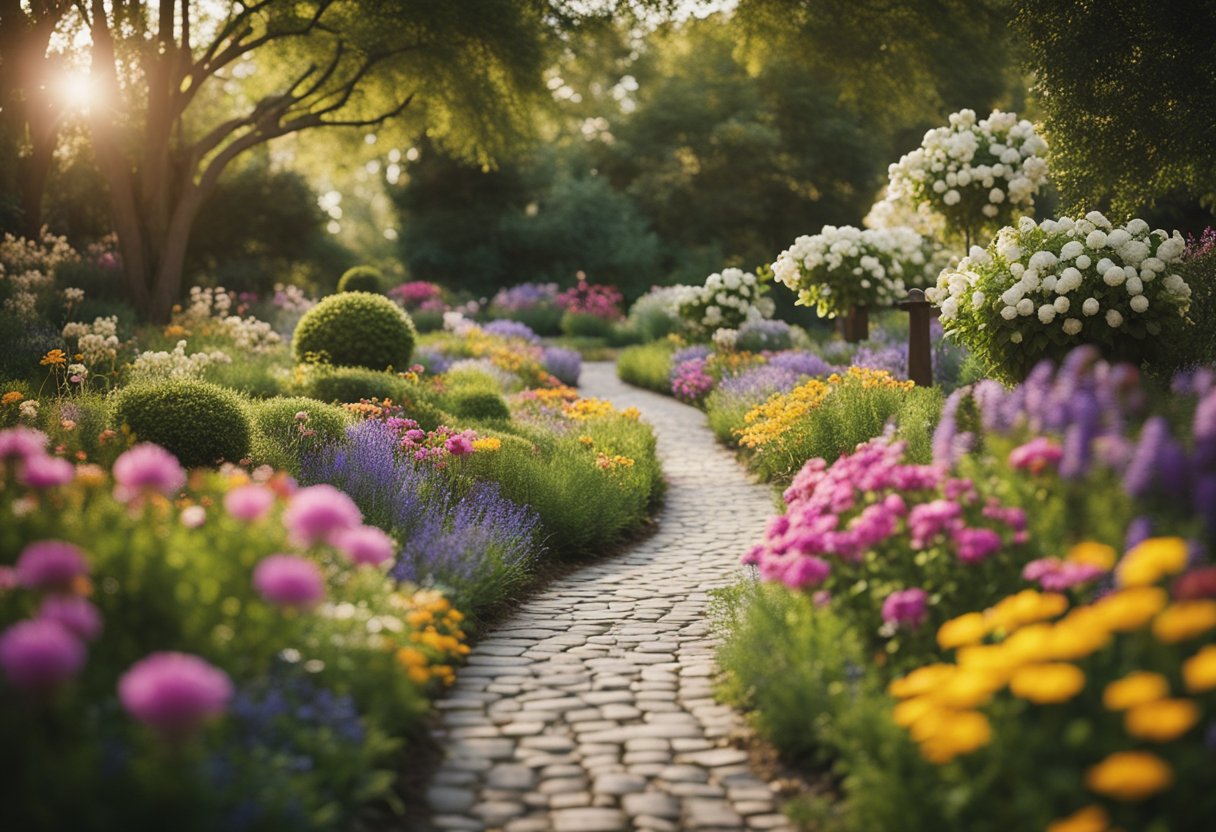 A winding path through a tranquil garden, with colorful flowers and a peaceful atmosphere, representing the complex emotions of grief and the journey towards healing