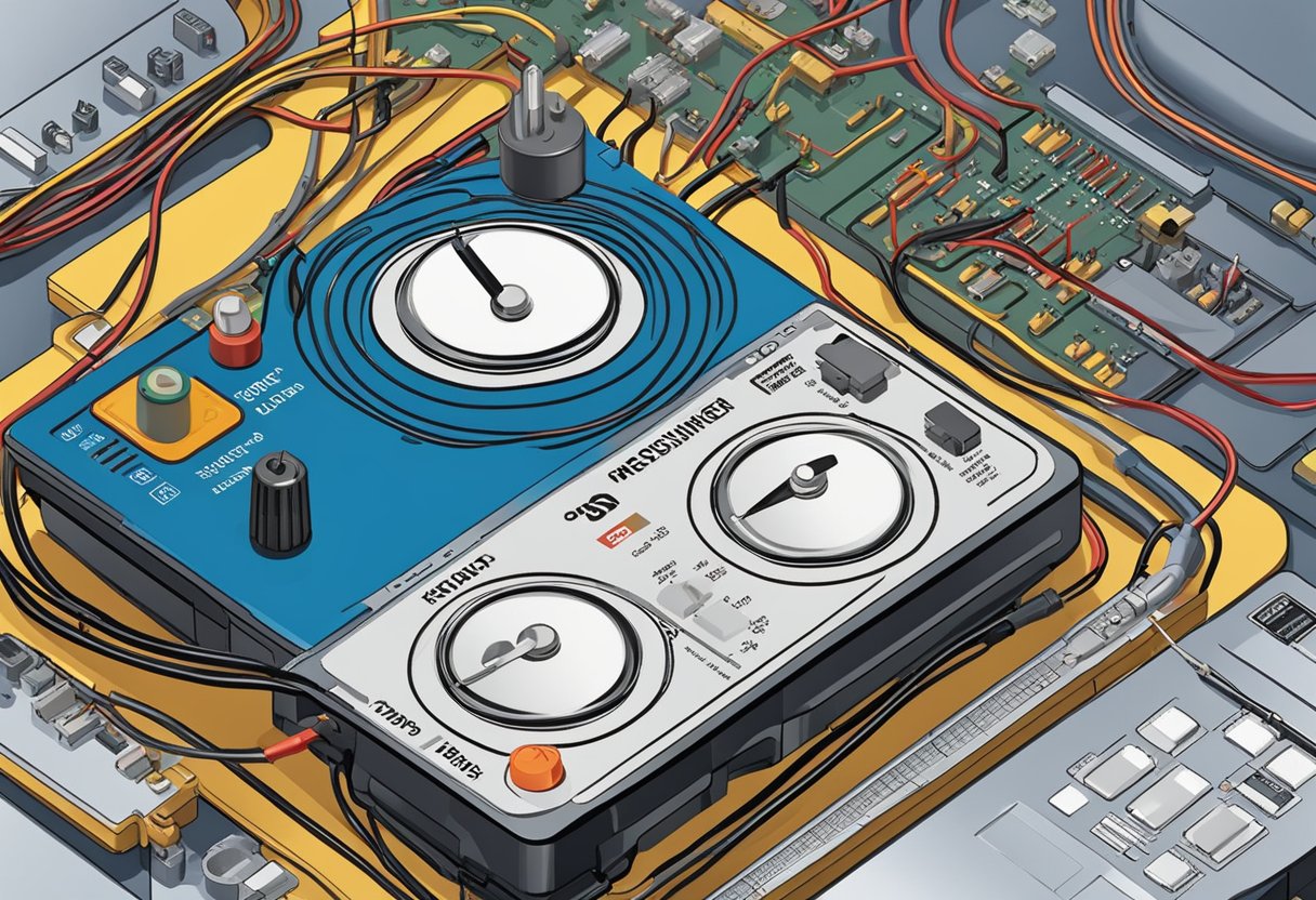 A voltage regulator sits on a circuit board, with smoke rising from it.

A multimeter is connected to test the voltage output. Nearby, a price list shows replacement costs