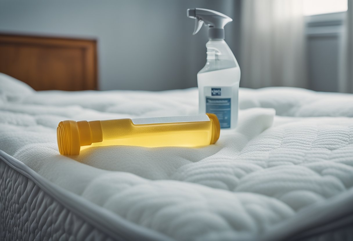 A wet mattress with a puddle of dog pee, a towel blotting the stain, and a spray bottle of cleaning solution nearby