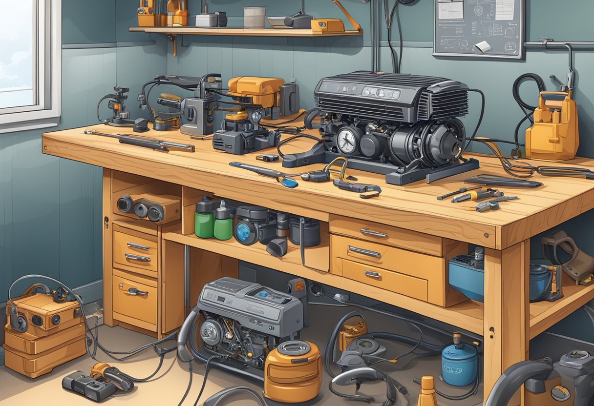 A workbench with a car engine, O2 sensor, multimeter, and safety goggles.

Instructions and diagrams on a nearby table