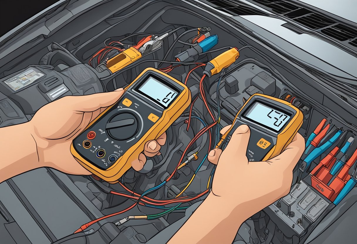 A hand holding a multimeter probes a car's O2 sensor wires.

The car is parked in a garage with tools scattered around