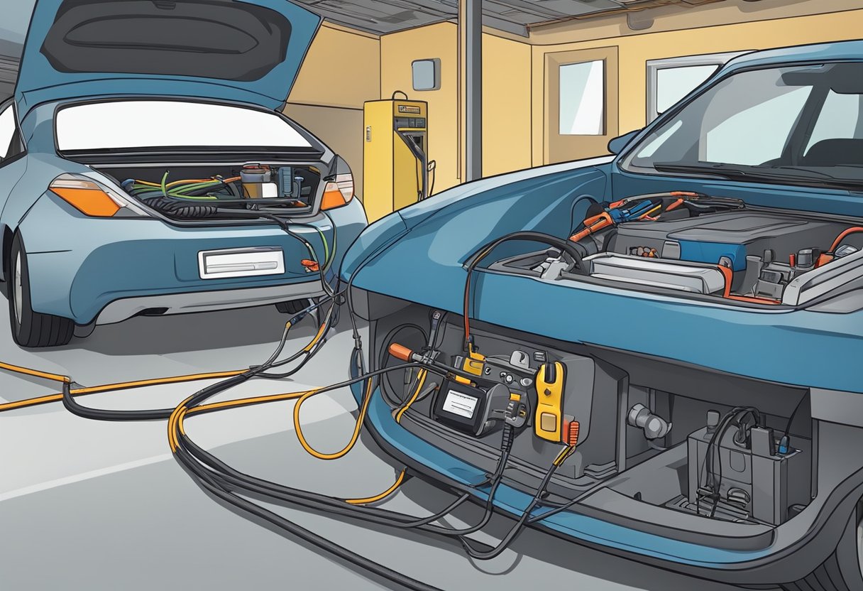 A hand holding a multimeter probes a car's O2 sensor wires.

The car is parked in a garage, with tools and a manual nearby