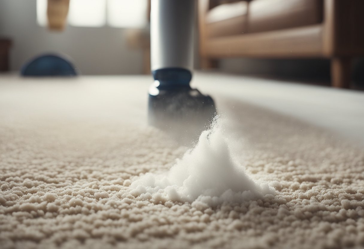 A person sprinkles baking soda on carpet, then vacuums. They spray vinegar solution and blot with a cloth. The carpet is left to air dry