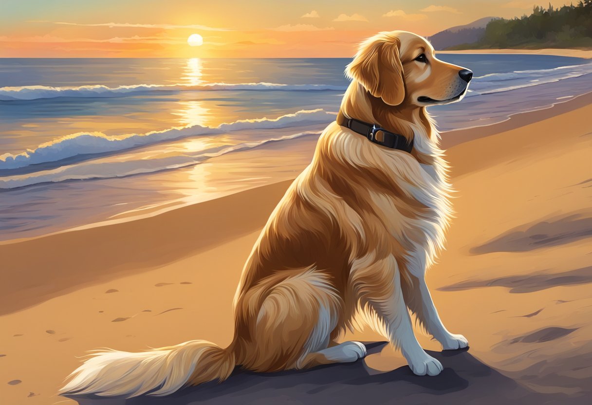 A Golden Retriever sits on the beach, gazing at the sunset, capturing a moment of peace and beauty