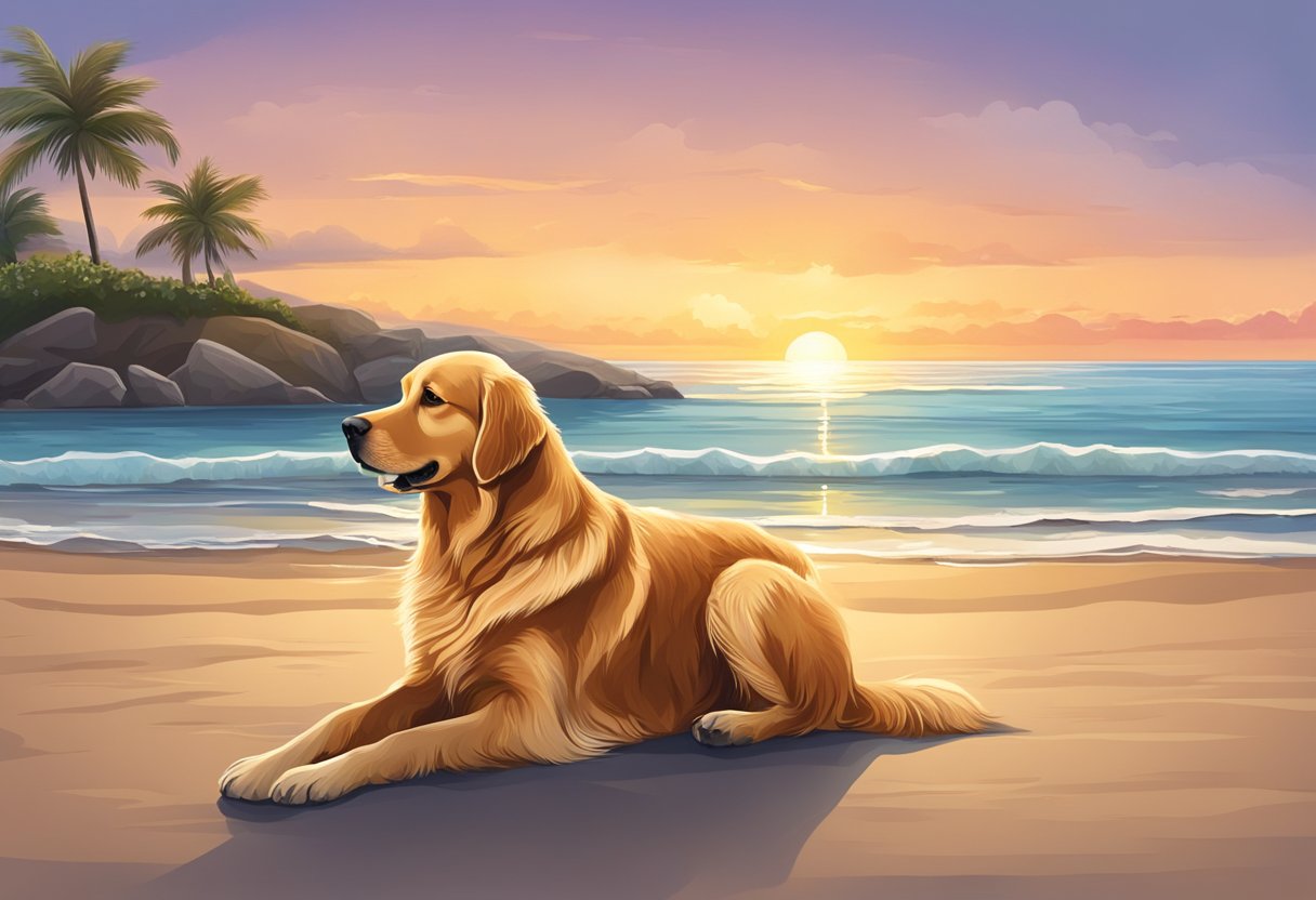 A Golden Retriever sits on the beach, watching the sunset with the ocean in the background