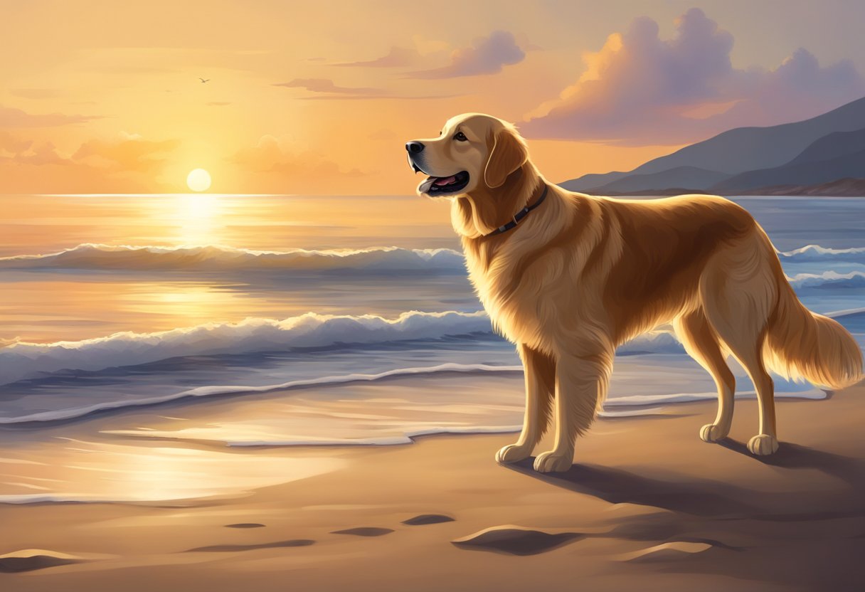 A Golden Retriever dog sits on the beach, gazing at the sunset, capturing the special moment