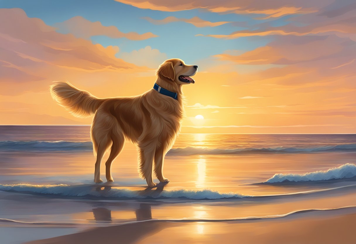 A Golden Retriever dog is held by the beach, enjoying a sunset and special moment