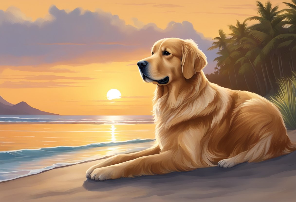 A Golden Retriever dog sits on the beach, gazing at the sunset, capturing a moment of peaceful serenity