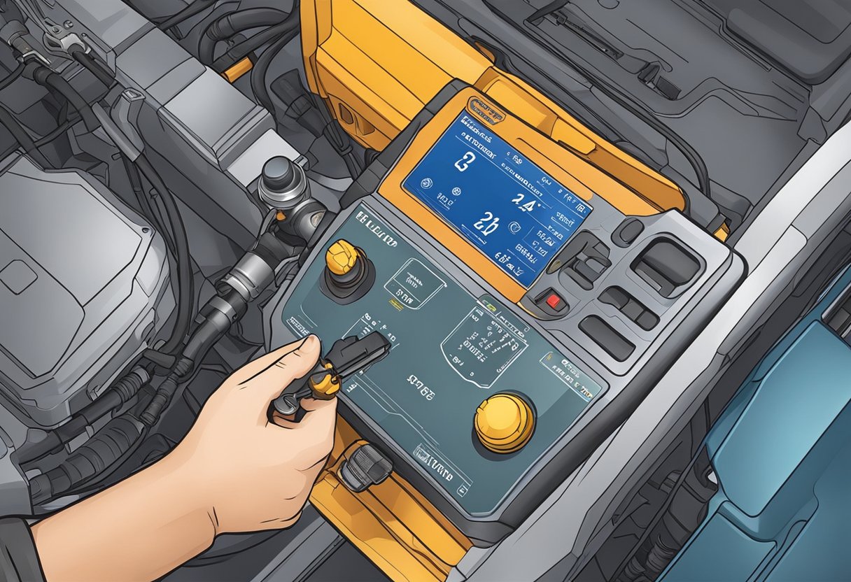The mechanic connects a diagnostic tool to the car's fuel rail pressure sensor.

The tool displays a high circuit reading